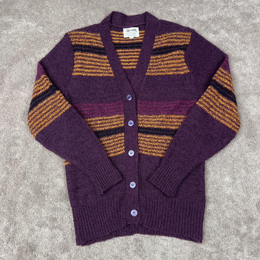 Society Size L Plum Orange Stripe Cardigan Sweater Vintage Korea Grandpa Style